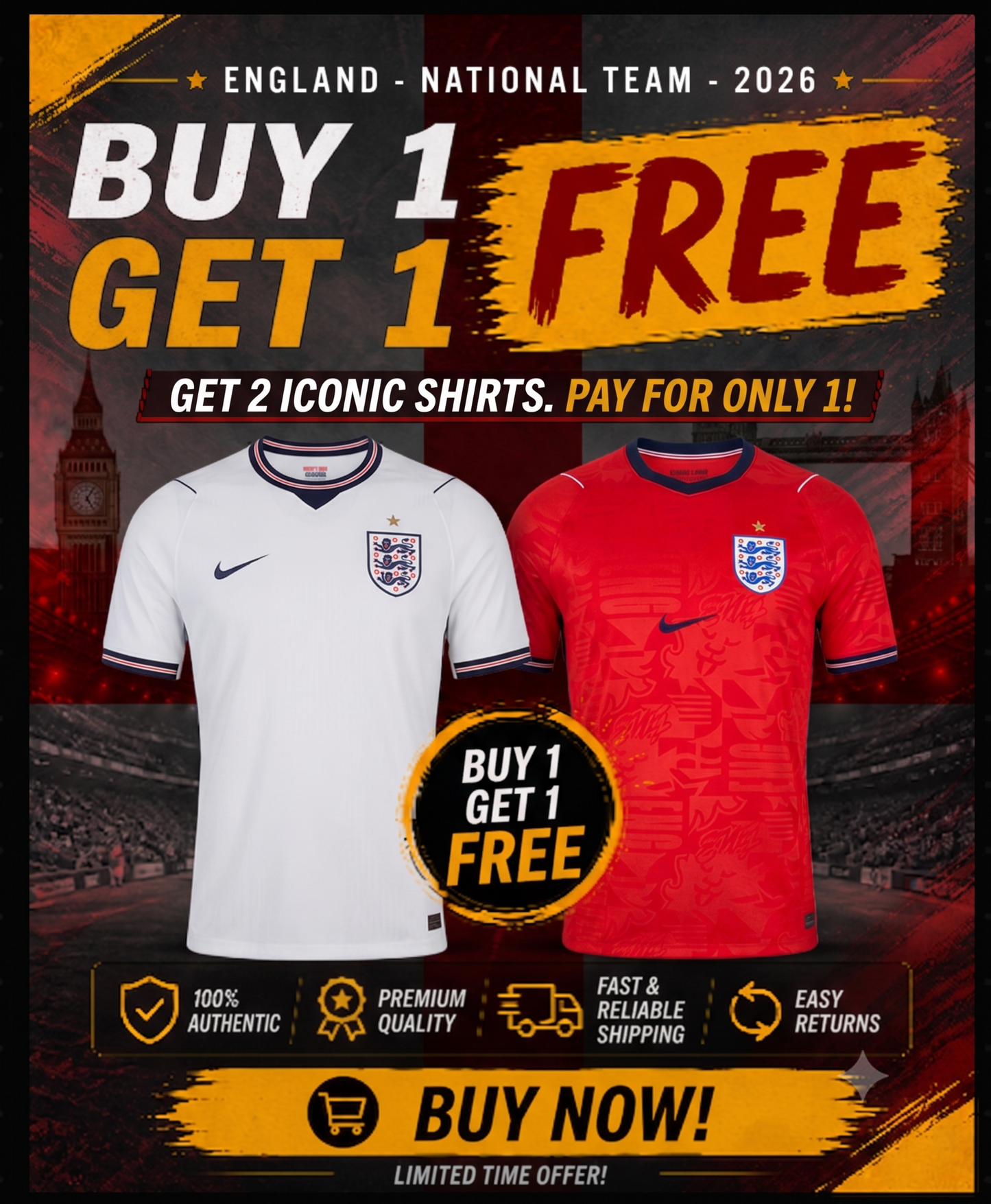 2-Shirt Bundle: England World Cup 2026 – BUY 2, GET 1 FREE! ⚽🔥